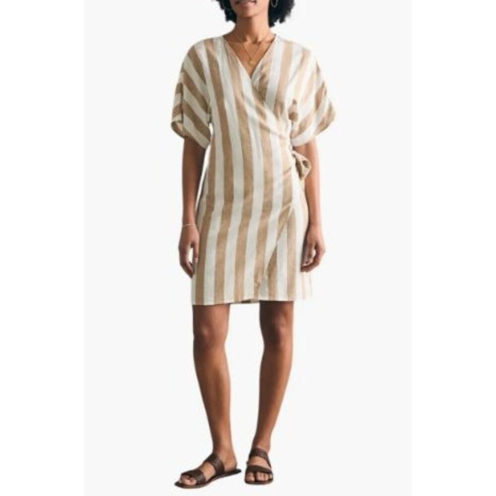 Faherty Striped Willow Wrap Dress Womens Size M Linen Capsule Minimalist Beach